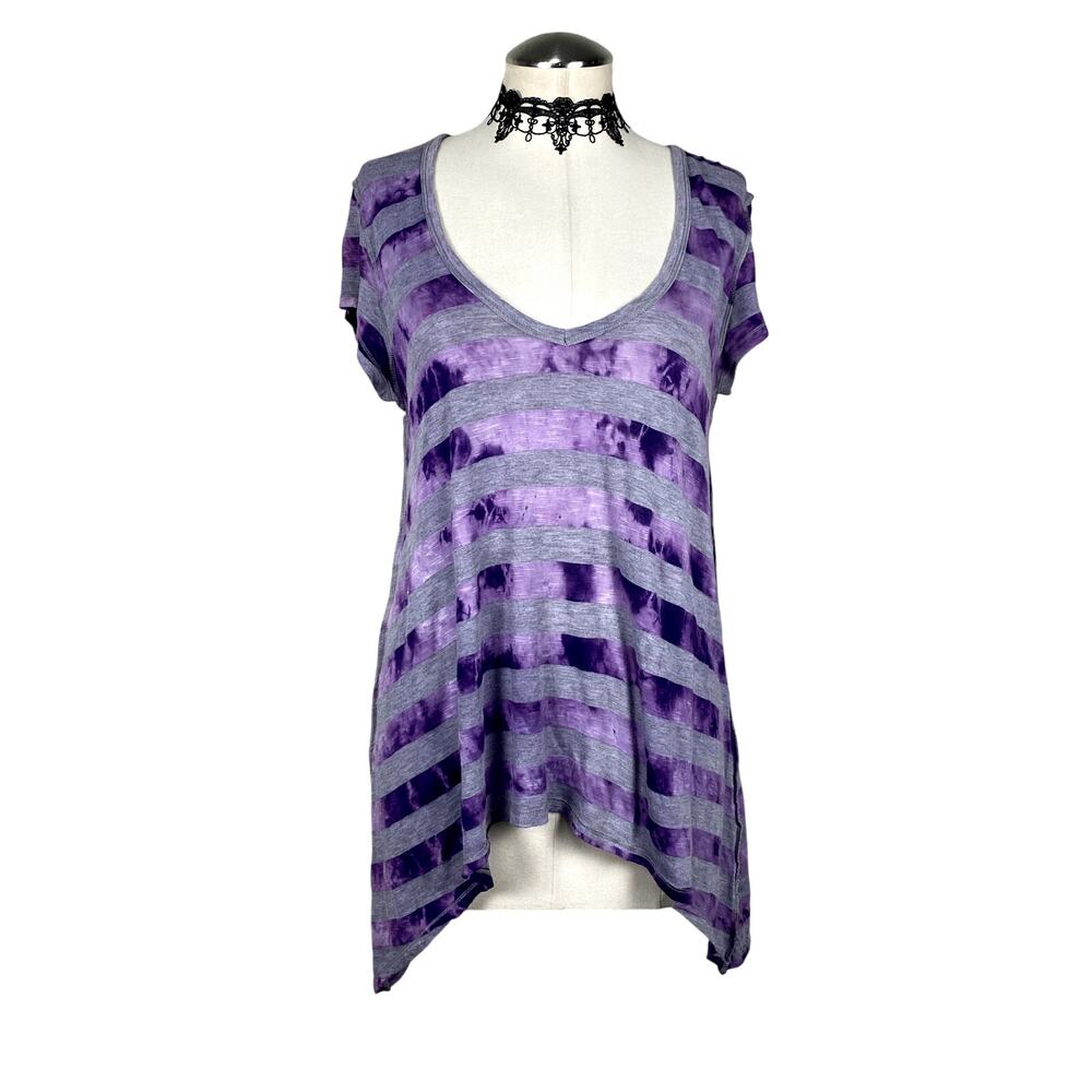 Vtg Y2K Asymmetrical Raw Hem Stipe Purple Grunge Fairy Core Whimsigoth Tee Sz M